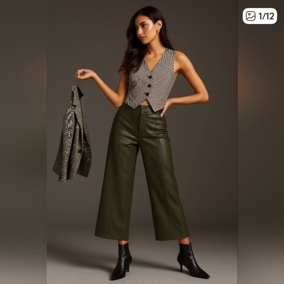 Mauve Pants - Maeve Anthropologie Dark Green Faux Leather Wide Leg Cropped Pants Size 27